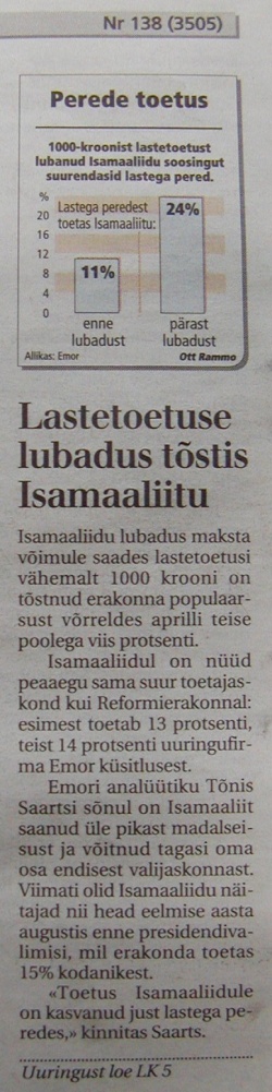 14. juuni 2002 postimees esileht isamaaliit 1000 krooni lapsele lubadus. foto virgo kruve